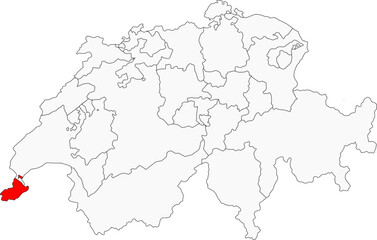 Map of Switzerland highlighting the canton of Geneva. Perfect for projects on its international organizations, Lake Geneva, and French-speaking culture.