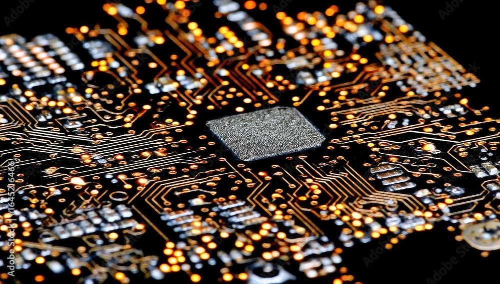 Poster close-up of illuminated circuit board with central processor chip