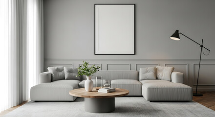 Light gray sectional sofa with round wooden coffee table and floor lamp living room