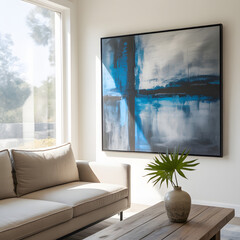 Abstract Art in Modern Living Room: A captivating, large-scale abstract art piece adorns a sleek, sun-drenched living room. A comfortable sofa, minimalist wooden coffee table.