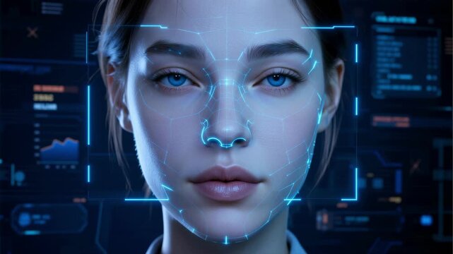 A futuristic facial recognition system scans a woman's face with a blue grid, analyzing biometric data for identification, a concept of ai-coded identity and digital surveillance - Powered by Adobe