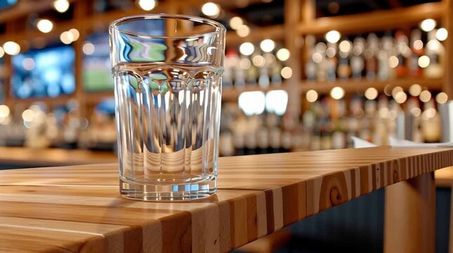 Empty wooden counter in sports bar or pub with blurred TV displays with sporting events at the bar background