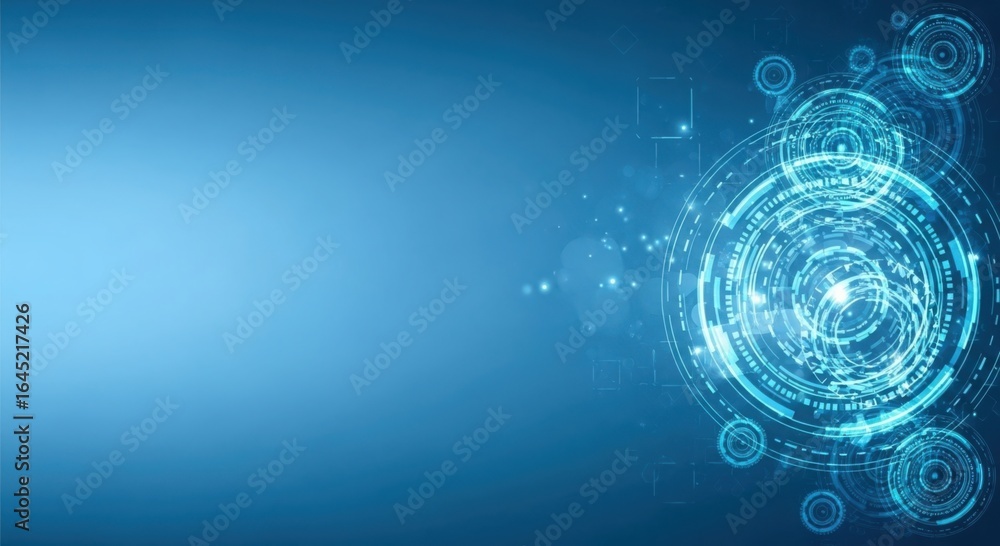Poster futuristic digital interface with glowing blue circuitry and data streams