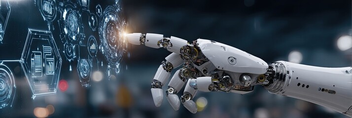 A white robotic arm interacts with a digital interface of data visualizations