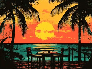 Beach bar, sunset, tropical, symetrical. In the style of vector art, woodcut