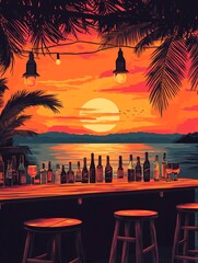 Beach bar, sunset, tropical, symetrical. In the style of vector art, woodcut