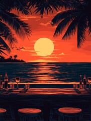 Beach bar, sunset, tropical, symetrical. In the style of vector art, woodcut
