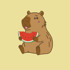 A delightful vector illustration of a cute chubby capybara happily eating a slice of fresh watermelon. 
