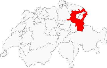 Naklejka premium Map of Switzerland highlighting the canton of St. Gallen. Ideal for projects on its alpine landscapes, Lake Constance, and textile history.