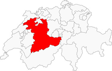 Map of Switzerland highlighting the canton of Bern. Ideal for projects on its capital city, stunning alpine regions, and rich cultural heritage