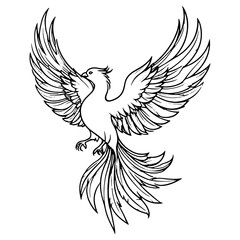Obraz premium Phoenix Outline with Flame Feathers in Monochrome Tattoo Look