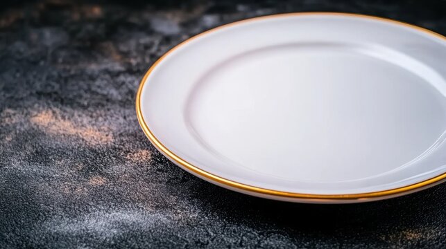 Elegant white plate with gold rim on textured black surface