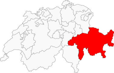 Map of Switzerland highlighting the canton of Graubünden. Ideal for projects on its alpine landscapes, ski resorts, and trilingual culture