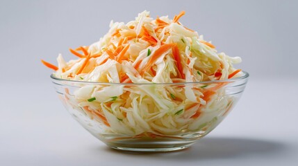 Freshly prepared coleslaw with cabbage and carrots in a clear bowl
