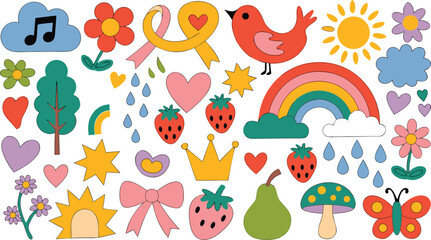Playful Cartoon Sticker Set Bird, Rainbow, Flowers, Music Note, Hearts, Butterfly, Fruits, Mushroom, and More