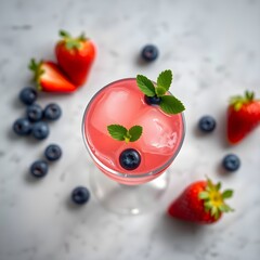 Elegant Berry Gin Cocktail: Realistic Minimalist Presentation with Fresh Strawberries & Blueberries on Clean Negative Space Background