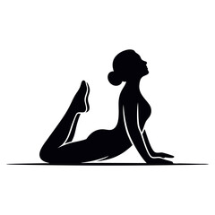 A black silhouette of a woman in a yoga pose, with her torso arched back and legs lifted, on a white background.