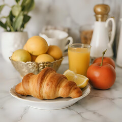 明るいキッチンカウンターに、新鮮なフルーツとクロワッサンが並ぶ朝食のシーン