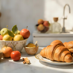 明るいキッチンカウンターに、新鮮なフルーツとクロワッサンが並ぶ朝食のシーン