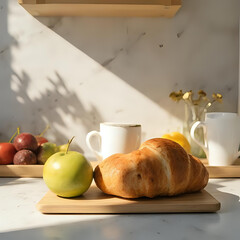 明るいキッチンカウンターに、新鮮なフルーツとクロワッサンが並ぶ朝食のシーン