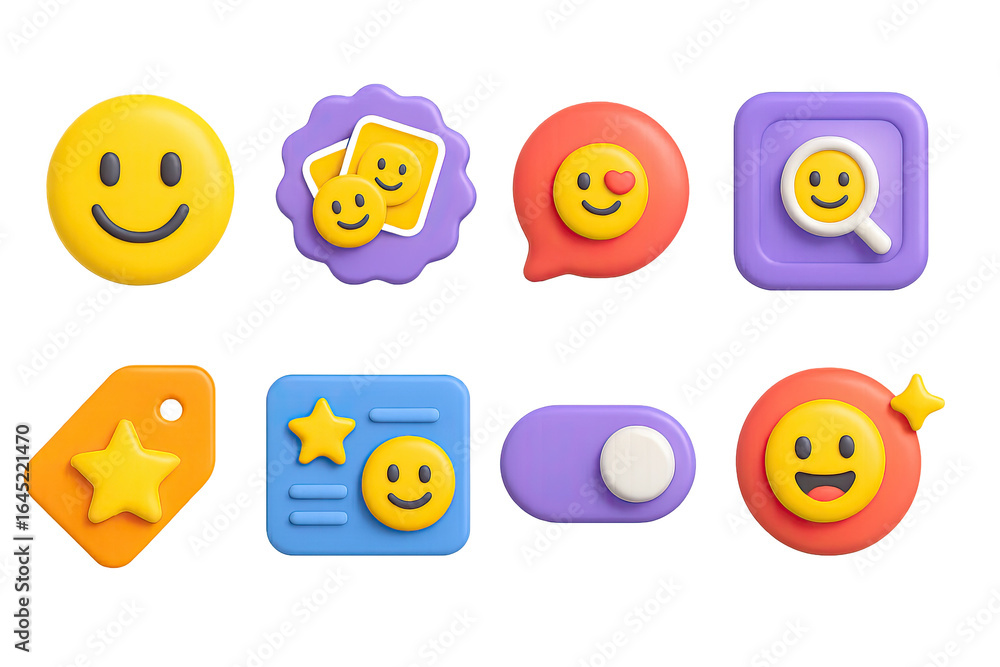 Poster set of six smiling faces with a star and heart on one and a tag on another