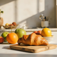 明るいキッチンカウンターに、新鮮なフルーツとクロワッサンが並ぶ朝食のシーン