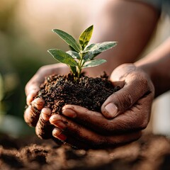 Hands holding a small seedling in soil