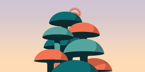 A stylized illustration of mushroom like structures with a sun in the background in pastel colors