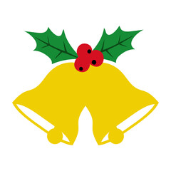 Tiempo de Navidad. Logo campanas de navidad doradas con hojas y bayas de acebo para felicitaciones y tarjetas