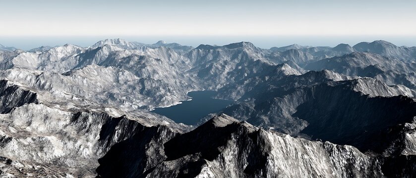 Mountain range aerial view with dark lake