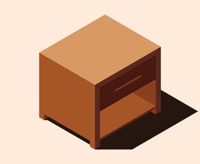 Isometric bedside table. Isometric nightstand. Wooden bedside table. Isometric bedroom furniture. Isometric home furniture