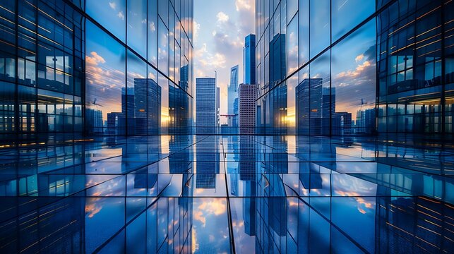 Glass buildings reflecting the sky and city skyline in a modern architectural landscape view - Powered by Adobe