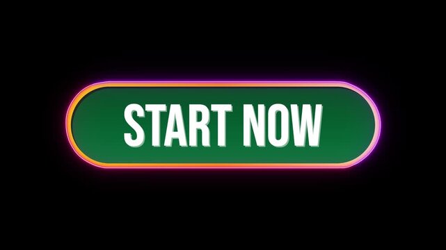Start now Button Click Animation with Computer Mouse Cursor and Luxury Neon Glow Colorful Border on Black Background