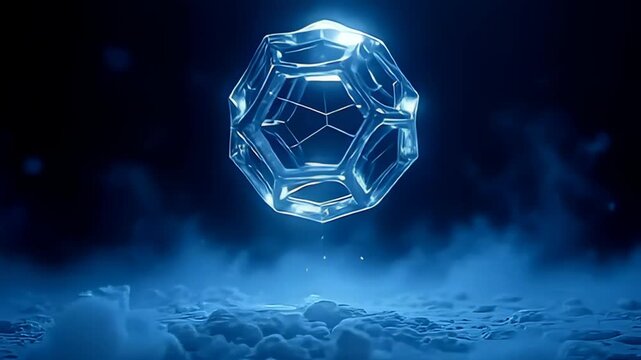 Suspended in a tranquil void, a hovering molecule shaped like rotating crystal cage envelops itself in a dark blue abyss, while its intricate geometry glows with a soft white sheen, as it