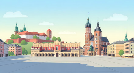 Fototapeta premium Stylized Krakow Skyline with Wawel Castle in Pastel Flat Vector Illustration Landmark in Pastel Flat Vector Illustration