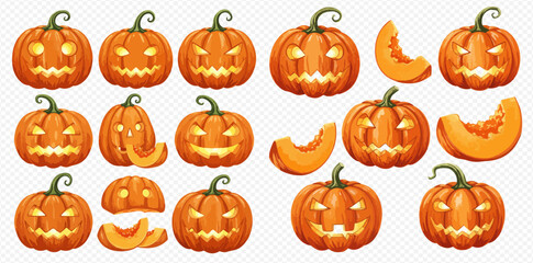A collection of illustrated Jack-o'-lanterns with glowing, carved faces showing various spooky and happy expressions, set against a transparent background.