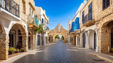 Obraz premium Charming Mediterranean Street Scene with Historic Architecture and Inviting Archway in Europe