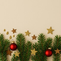 Weihnachtsmotiv f&uuml;r Postkarte mit weihnachtlichen Elementen und Platz f&uuml;r eigenen Text in beige, rot, gr&uuml;n und Goldt&ouml;nen mit Platz f&uuml;r eigenen Text