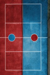 Abstract aerial view of basketball court with bold red and blue colors