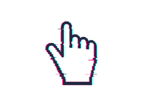 Glitch Art Cursor Digital Hand Pointer with Retro Pixelated Effect on transparent background