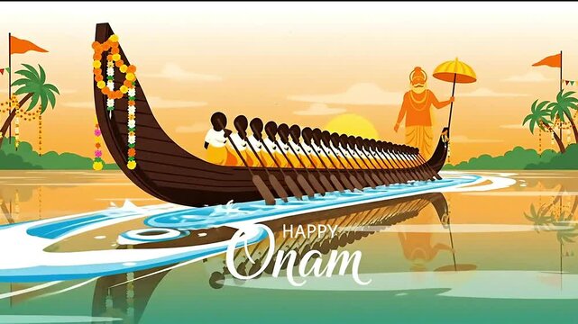 Vibrant Happy Onam Animation Featuring a Traditional Kerala Snake Boat Race at Sunset