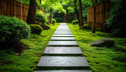 Obraz premium Serene Garden Path: A peaceful pathway of stone slabs meanders through a verdant, moss-covered garden, creating an inviting vista framed by bamboo fencing and lush greenery.
