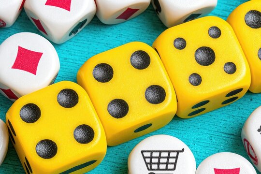 Close-up of yellow dice and assorted game pieces on a teal surface - Powered by Adobe