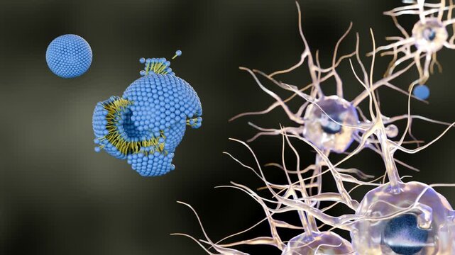 A 3d rendering of liposomes disintegrating or breaking apart within the brain's neural network.