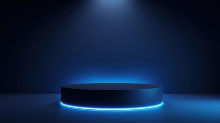 Eye-catching photo of background podium 3D light neon blue platform stage product abstract. Scene background 3D podium dark pedestal room glow studio empty stand floor night modern.