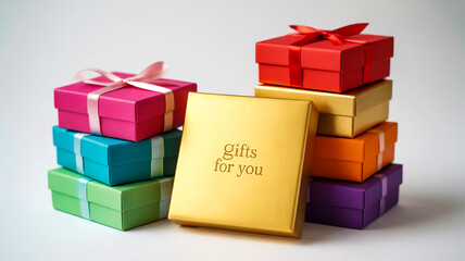 Colorful gift boxes arranged minimalist style on plain white background photograph