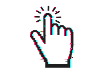 Pixel Art Glitch Cursor Hand Pointer with Digital Distortion Effect on transparent background