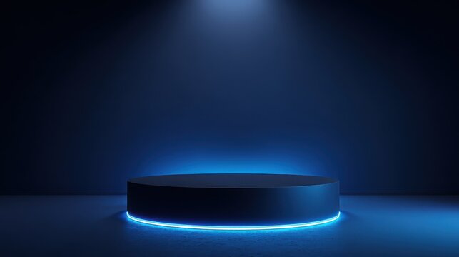 Eye-catching photo of background podium 3D light neon blue platform stage product abstract. Scene background 3D podium dark pedestal room glow studio empty stand floor night modern.