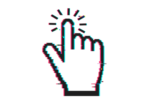 Pixel Art Glitch Cursor Hand Pointer with Digital Distortion Effect on transparent background - Powered by Adobe