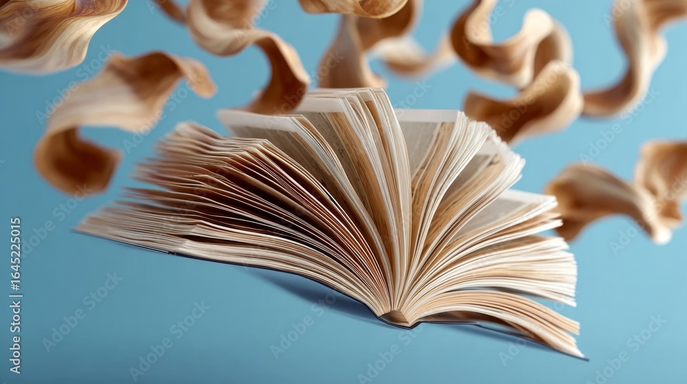 Poster a magical open book with floating pages, symbolizing the journey of knowledge and imagination